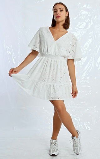 WHITE SHORT DRESS WITH ENGLISH EMBROIDERY
