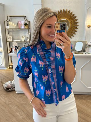 Blue Poppy Ruffle Novelty Ruffle Puff Slv Top
