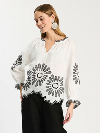Kelsey Mid Lilen Embroidery Top- Black/White