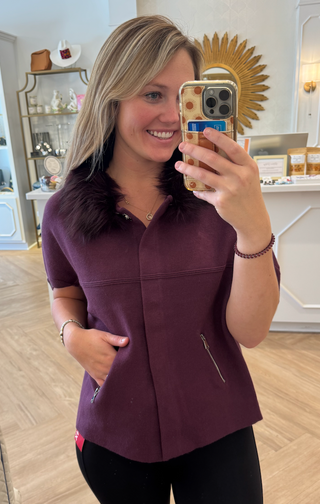 Plum Faux Fur Trim Cardigan