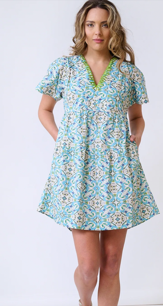 Harper Deep V Mini Dress - English Tile