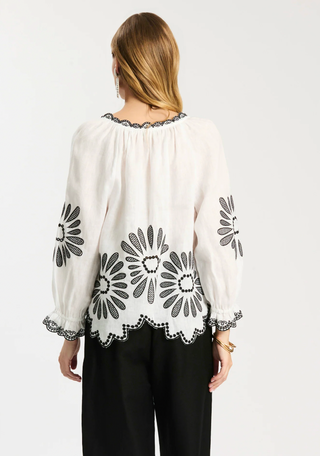 Kelsey Mid Lilen Embroidery Top- Black/White