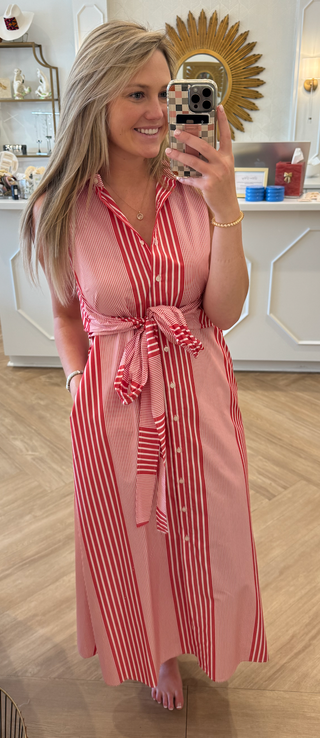 33516 RED STRIPED SHIRT DRESS