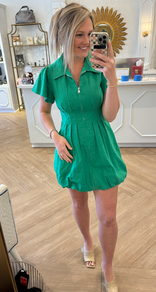 Green Linen bubble Dress