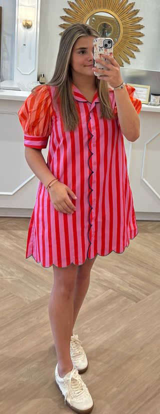 Stripe Color Block Ruffle Neck Dress