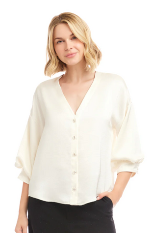 Lantern Sleeve Crystal Rhinestone Button Satin Top