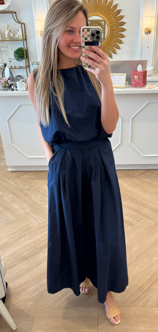 Navy Cotton Poplin Extra Wide Leg Trousers