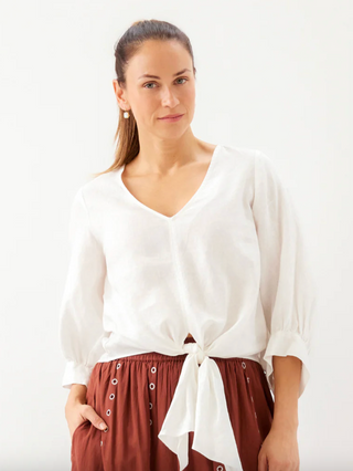 Off-white Blouson Sleeve Linen Tie-Front Top
