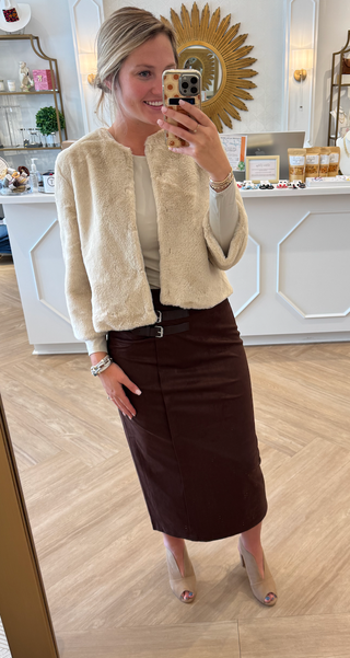 Brown Faux suede side buckle skirt