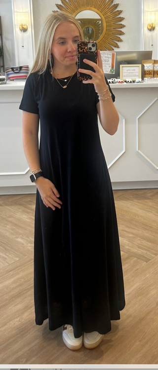 black slub cotton short sleeve a line maxi dress