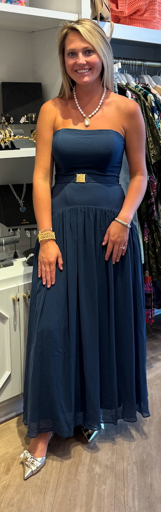 Navy Strapless Belted drop waist maxi