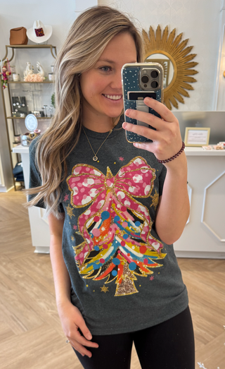 Colorful Christmas Tree With Bow Tee, Merry Xmas Sweater | Dark Heather