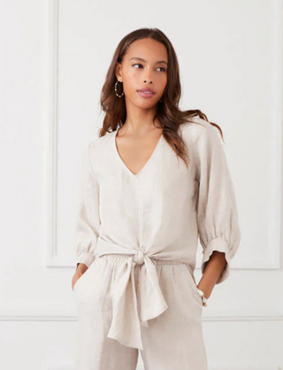 Oatmeal Blouson Sleeve Linen Tie-Front Top
