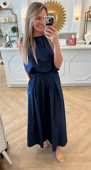 Navy Cotton Poplin Sleeveless Bubble Top