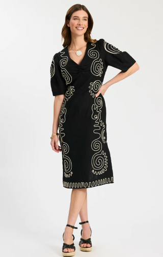 Posey Linen Embroidery Midi Dress Black/White