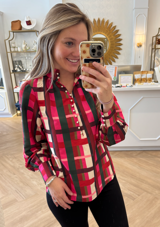Leland Blouse- Holiday Plaid