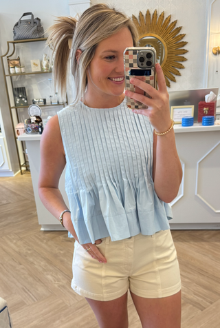 Light Blue Poplin Pleated Peplum Top