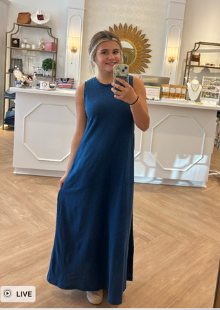 oxford sleeveless slub maxi dress
