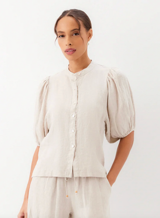 Oatmeal Puff Sleeve Linen Button-Up Shirt