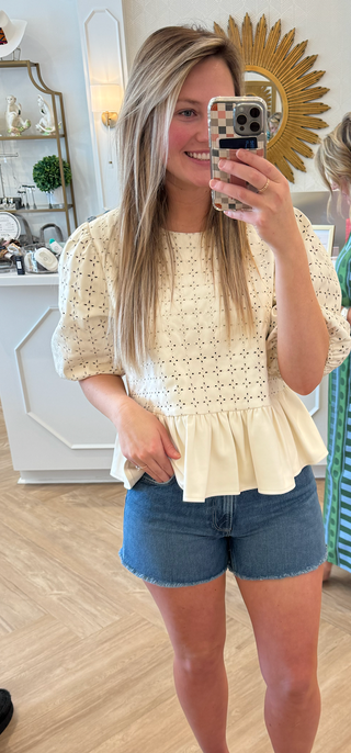 Creme Leather Peplum Eyelet Top